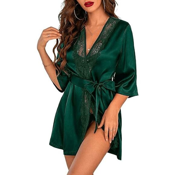 Adome Dark Emerald Green Short Satin Silky Kimono Robe, Large - Picture 8 of 9